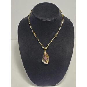 Goldtone Braided Twisted Rope Beaded FashioNecklace Smoky Crystal Quartz Pendant